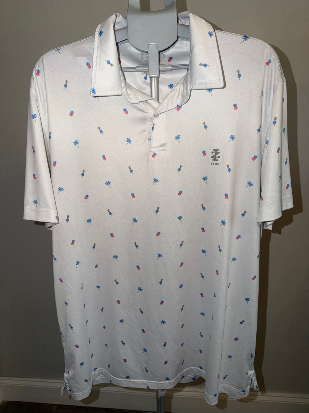 Izod White Polo with Hula dancer Palm & Pink Pineapple Print